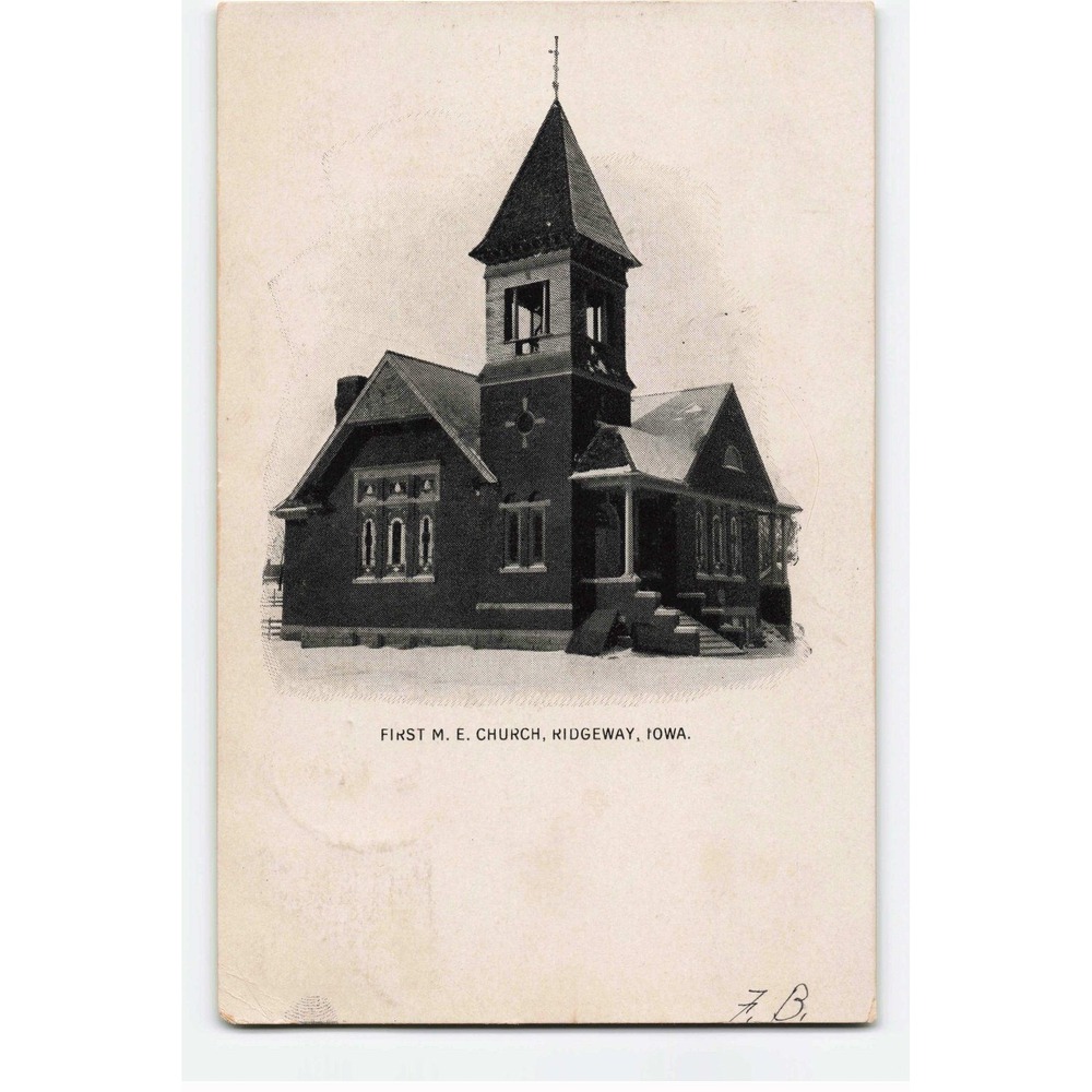 Vintage 1907 First M. E. Church Ridgeway Iowa Postcard Franklin Stamp BW